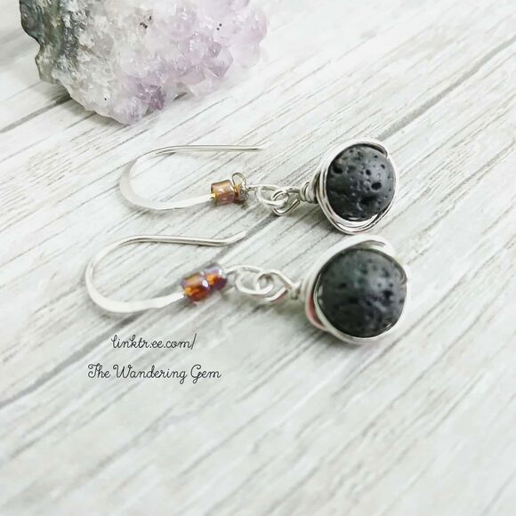 Lava Rock Beaded Dangle Earrings, Hammered Earrings, 1.5" - Picture 1 of 5